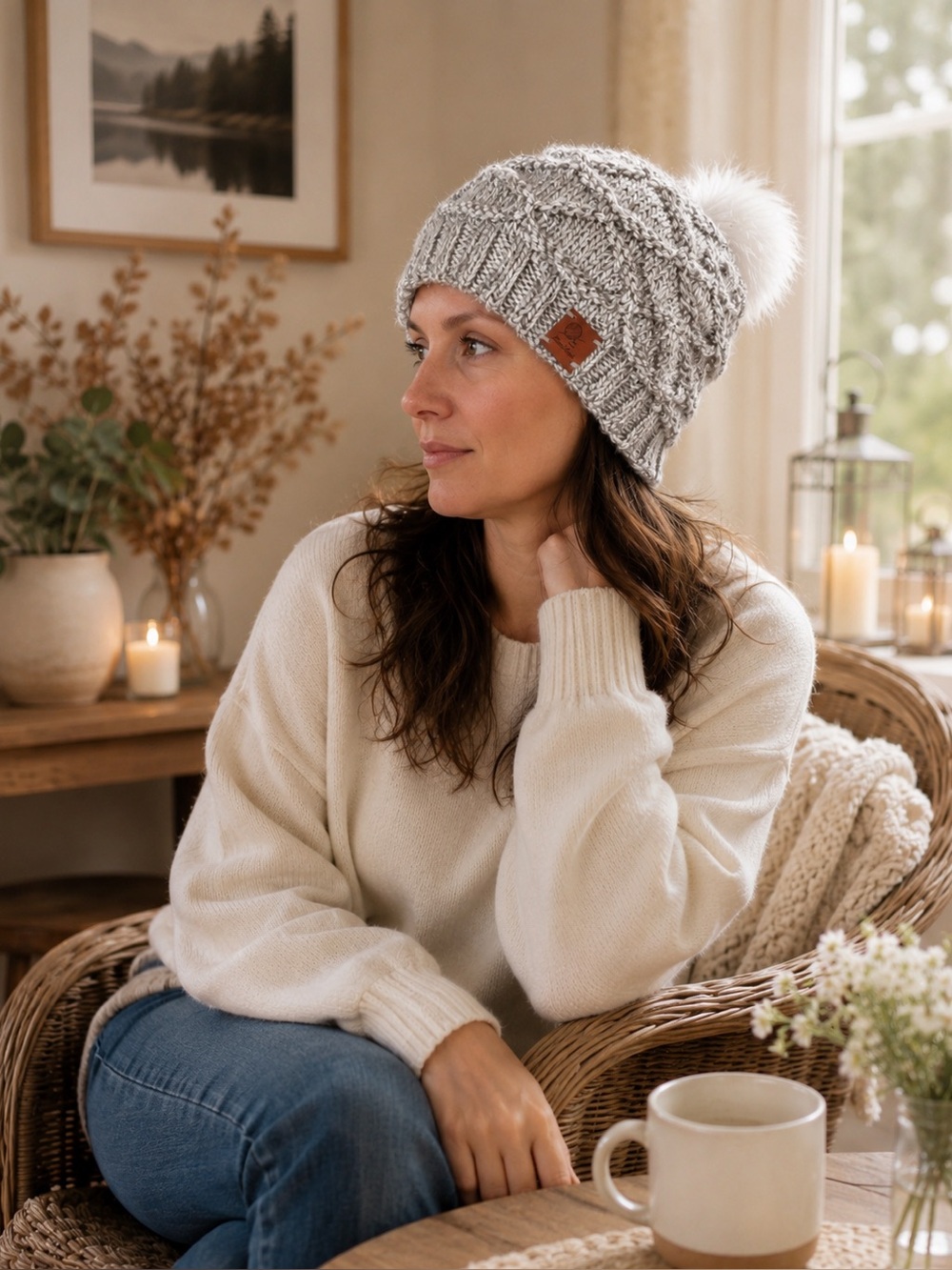 Handcrafted Gray Cable Knit Pom Beanie - Women's Winter Hat